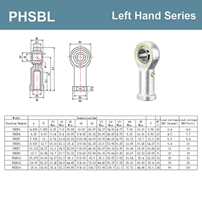 PHSB3L Rod End Bearing 3/16 Inch Bore and #10-32 Left Hand Thread, Self-Lubricating Female Heim Joint Rod Ends 2pcs - size: 3/16, style: Left Hand