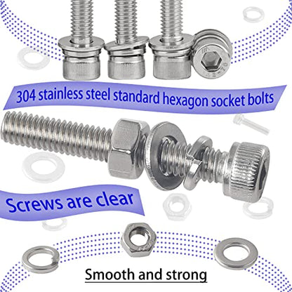 newlng Screws and Nuts M3 M4 M5 M6 Bolts and Nuts kit 520pcs 304 Stainless Steel Metric Hex Socket Head Cap Machine Screws Flat Washers Spring Washers Assortment Kit - size: E M3456