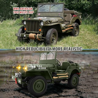 Remote Control Truck Off Road - 4x4 1/10 Scale Willys Army Rock Crawler RC Truck with Winch&Car Cover, 40Mins Play Time All Terrain Offroad RC Car, Military Vehicle Toys for Boys, Radio Controlled Car - color: Army Green