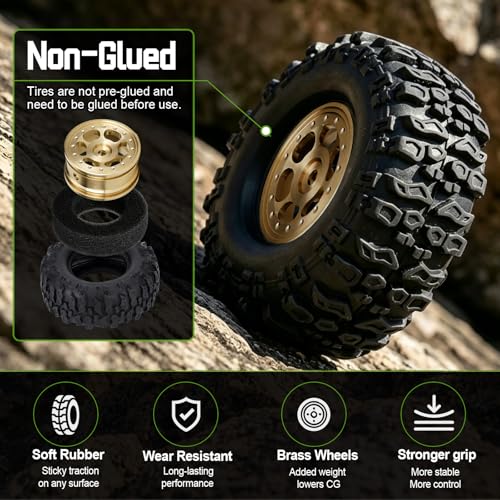 HobbyPark Brass Wheels and Tires for 1/30 Axial SCX30 Upgrades RC Crawler Parts 33x14mm 0.7" Tire with Foam Inserts, Set of 4 (Gold-6 Holes Rims) - color: Gold-6 Holes Rims