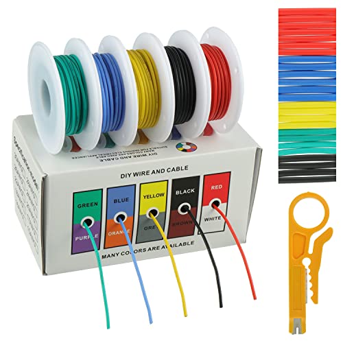 BOJACK 22 AWG Flexible Silicone Wire Electric Wire Hook up Wire Kit 300V Cables with Plus 20 φ3mm Heat Shrink Tubings and a Mini Wire Stripper(5 Colors 19.69Ft Each Color, 22AWG) - size: 22 AWG Silikondraht