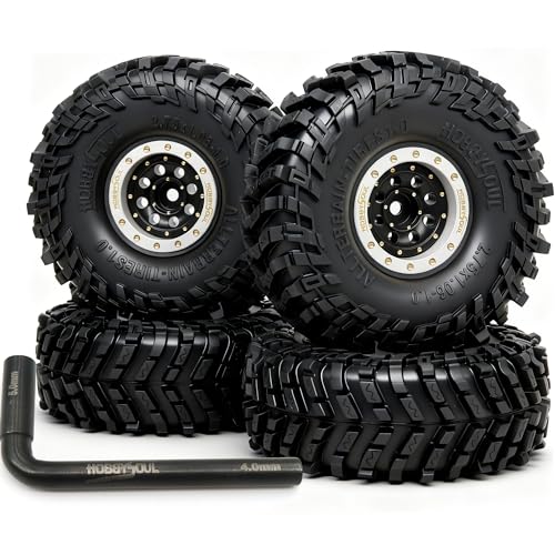 HOBBYSOUL 70mm Tall 1.0 Beadlock Wheels and Tires Set, Adjustable Offset Brass 1.0'' Wheels Rims White Black and Soft Sticky 1'' Tires for RC Crawler TRX4M SCX24 Upgrades - color: White & Black
