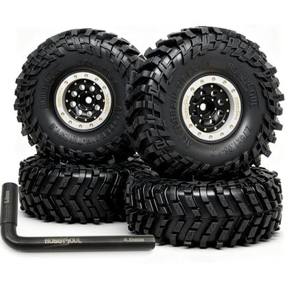 HOBBYSOUL 70mm Tall 1.0 Beadlock Wheels and Tires Set, Adjustable Offset Brass 1.0'' Wheels Rims White Black and Soft Sticky 1'' Tires for RC Crawler TRX4M SCX24 Upgrades - color: White & Black