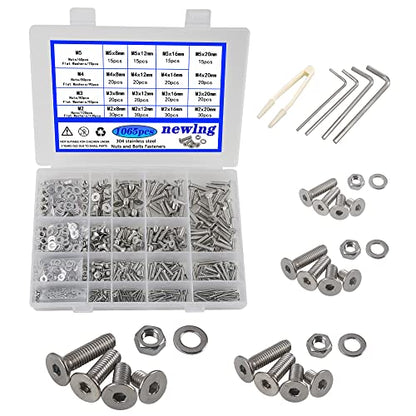 newlng 1065pcs M2 M3 M4 M5 Screws Bolts and Nuts Flat Button Hex Socket Washers Assortment Kit and Wrench Allen Head Machine Screws,for Metal DIY Projects,Tools & Equipment Maintenance - size: B-M2345
