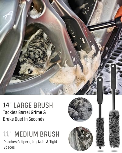 7PCS Pro-Grade Wheel Cleaning Kit: Long Handle Soft Wheel Brushes, Detailing Brush, Tire Scrubber, Wash Mitt, Hex-Logic Applicator & Microfiber Towel for Deep Car Detailing - size: 7 Packs