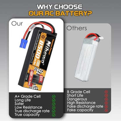 2S Lipo Battery 8500mAh 7.4V 100C Hardcase EC5 2Pcs for RC Car Truck | 2S Lipo Battery EC5 7.4V 8500mAh 100C for 1/8 1/10 RC Car Truck Buggy Boat Drone Model Durable Hardcase protection - style: 2x 7.4V 8500mAh