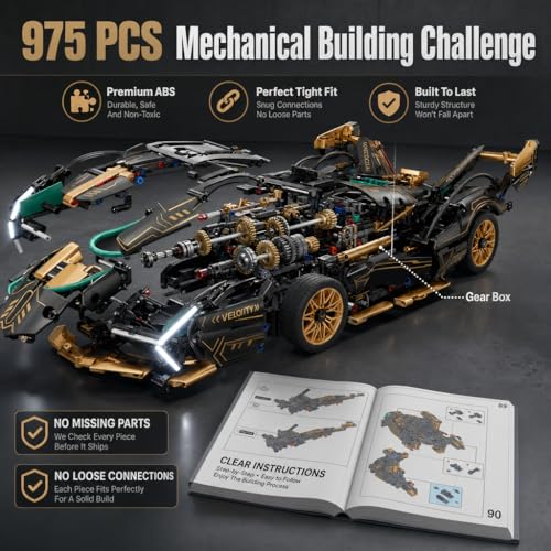 RC Car Building Kit, 1:14 App Control Car Kit with LEDs | car kit with 975 pieces, LED lights, motorized functions, and dual control; built for collection, display, gifting.