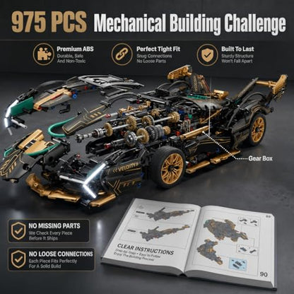 RC Car Building Kit, 1:14 App Control Car Kit with LEDs | car kit with 975 pieces, LED lights, motorized functions, and dual control; built for collection, display, gifting.