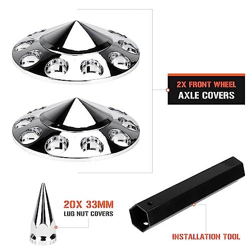 Aeagle Spike Front Axle Cover Combo Kits for Semi Truck Hubs w/Screw-On 33mm Lug Nut, ABS Plastic Chrome Plated, 10 Hole Removable Caps, 2Pcs - color: Front Spiked