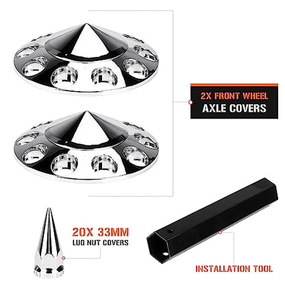 Aeagle Spike Front Axle Cover Combo Kits for Semi Truck Hubs w/Screw-On 33mm Lug Nut, ABS Plastic Chrome Plated, 10 Hole Removable Caps, 2Pcs - color: Front Spiked