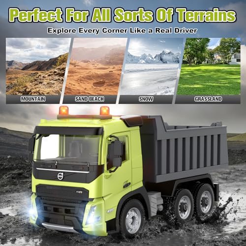 DOUBLE E Volvo FMX 1:20 RC Dump Truck - 2.4GHz Anti-Interference Remote Control Construction Toy with 360° Movement, Lift & Dump, LED Lights & Realistic Sounds for Adults - style: dump truck