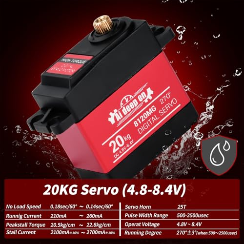 2-Pack 20KG High Torque RC Servo, 20KG Servo Motor 4.8-8.4V RC Servo Full Metal Gear Waterproof Compatible with 1/8, 1/10, 1/12 RC Car with 25T Horn and Parts (270°) - color: 20KG