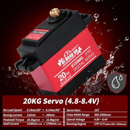 2-Pack 20KG High Torque RC Servo, 20KG Servo Motor 4.8-8.4V RC Servo Full Metal Gear Waterproof Compatible with 1/8, 1/10, 1/12 RC Car with 25T Horn and Parts (270°) - color: 20KG