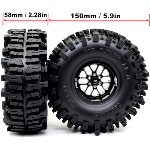 HOBBYSOUL RC 2.2'' beadlock Wheels and Tires - 5.9'' Tall Mud Slingers XL | -11mm negative offset beadlock wheel Black rims, T8 Compound Tire, For 1/10 RC Crawlers Truck Upgrades - color: Black, size: 150mm / 5.9inch Tall
