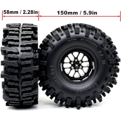 HOBBYSOUL RC 2.2'' beadlock Wheels and Tires - 5.9'' Tall Mud Slingers XL | -11mm negative offset beadlock wheel Black rims, T8 Compound Tire, For 1/10 RC Crawlers Truck Upgrades - color: Black, size: 150mm / 5.9inch Tall
