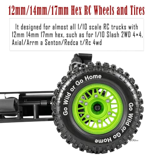 RC Wheels Tires Truck Tires 12mm/14mm/17mm Hex for 1/10 Slash 4×4 4WD 2WD/Axia1/Arrm a Senton/Redca t/Rc4w d,w/RC Wheels Hex Detachable Replace Running on Off-Road Tires,Green - color: Green- (Wheel Tires)