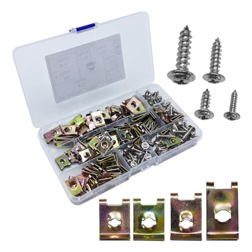 200PCS Car U‑Clips with Screw Assortment Kit, 6/8/10/12 Vehicle U Nuts and 4 Sizes Screws Clip, Automotive Interior Dash Fastener Replacement Set for Door Trim Panel Bumper