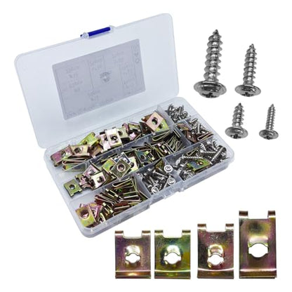 200PCS Car U‑Clips with Screw Assortment Kit, 6/8/10/12 Vehicle U Nuts and 4 Sizes Screws Clip, Automotive Interior Dash Fastener Replacement Set for Door Trim Panel Bumper
