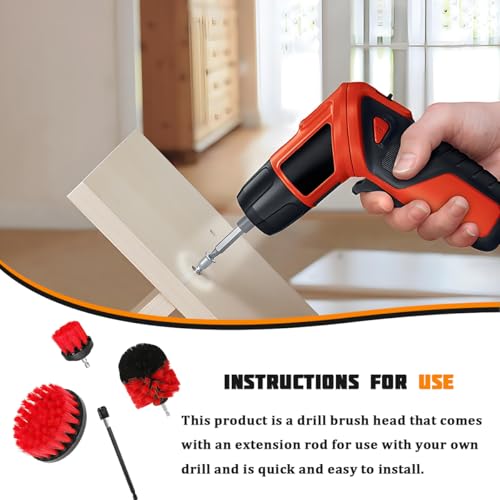 4PCS Drill Brush Attachment Kit with Extension Rod, Red | PP bristles with steel shafts, three brush sizes, quick-change extension rod, follows curved surfaces, compact storage - color: Red