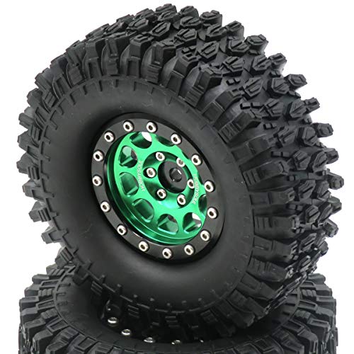 HOBBYSOUL RC Height 108mm/4.25inch Tires Mounted 1.9inch Beadlock Wheels Rims Green Black Color for 1/10 1/12 RC Mud Crawler Truck Axial SCX10 90046 RC4WD D90 TF2 Tamiya CC01,(2-Pack, Assembled)