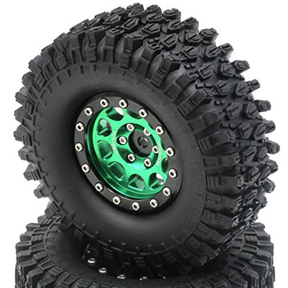 RC Height 108mm/4.25inch Tires Mounted 1.9inch Beadlock Wheels Rims Green Black Color for 1/10 1/12 RC Mud Crawler Truck Axial SCX10 90046 RC4WD D90 TF2 Tamiya CC01,(2-Pack, Assembled)