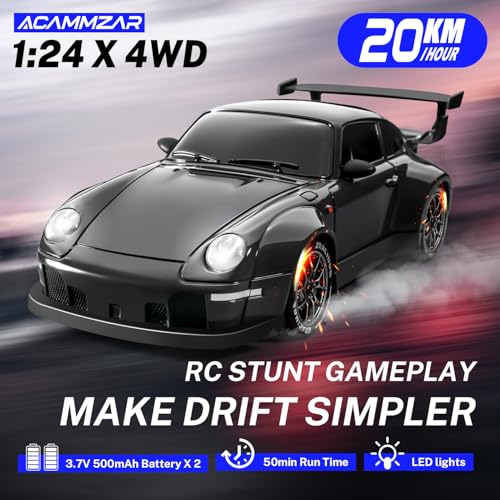 RC Drift Car, 1:24 Remote Control Car for Kids, 20KM/H 4WD High Speed RC Cars with Lights, Extra Racing Tires, Vehicle for Adults Boys Girls, Black - color: Black