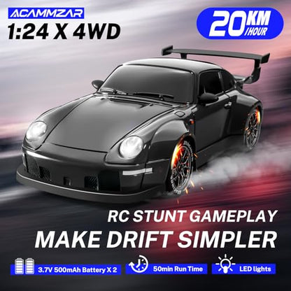 RC Drift Car, 1:24 Remote Control Car for Kids, 20KM/H 4WD High Speed RC Cars with Lights, Extra Racing Tires, Vehicle for Adults Boys Girls, Black - color: Black