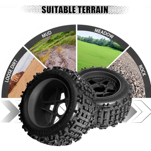 3.8" MT Monster Truck All Terrain Tires with Foam Insert - 17mm/14mm/12mm Hex Adapters Included for TRAXXAS Sledge ARRMA KRATON Outcast Tamiya HSP (Set of 4) Replacement Part of AR510092 - color: Black