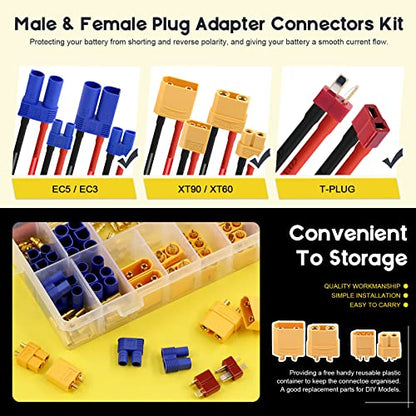 104 Pcs XT60 / XT90 /EC3 / EC5/T-Plug Deans/3.5mm Banana Plug Male Female Adapter Connectors with Heat Shrink Tube and Silicone Wire for RC Battery Charger ESC Motor Accessories