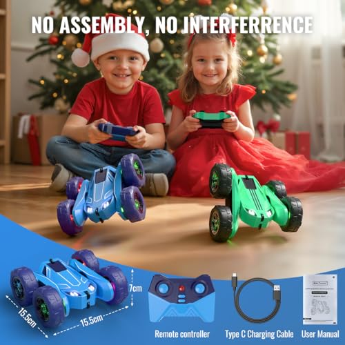 MaxTronic Fast Direct Charging Remote Control Car with LED，Exclusive Dual USB-C Charging for Car & Controller - 2.4Ghz 15km/h 360° Flips Rotations 4WD RC Stunt Car Fully Rechargeable for Kids 3-12 - color: Blue