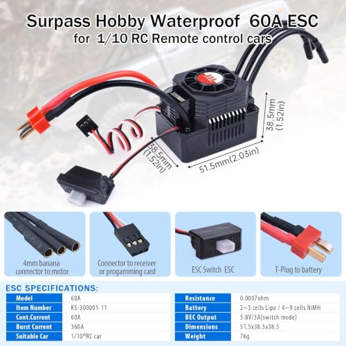 Surpass Hobby 3660 1400Kv Brushless Motor and ESC Shaft 3.175mm Brushless Motor ESC Combo fits 2S Battery for 1/10 Remote Control Car Truck(1400kv 60A) - style: 3660 Motor 1400kv +60A ESC