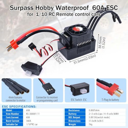 Surpass Hobby 3660 1400Kv Brushless Motor and ESC Shaft 3.175mm Brushless Motor ESC Combo fits 2S Battery for 1/10 Remote Control Car Truck(1400kv 60A) - style: 3660 Motor 1400kv +60A ESC