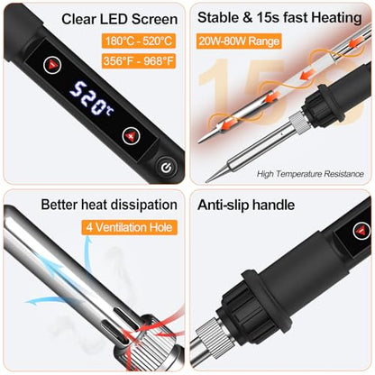 Soldering Iron Kit 80W LED Soldering Gun Adjustable Temp 356-968℉ | 15s Fast Heating Electronics Precision Repair Welding Tools with 50g Solder Wire, 5 Tips, Desoldering Pump, Stand, Tweezers