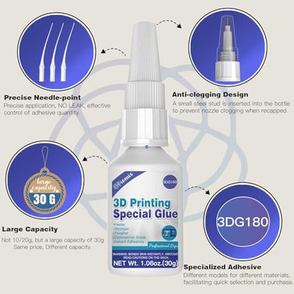 3D Printing Super Glue, Ultra-Thin Capillary Adhesive for PLA ABS PETG TPU | 30g Professional Instant Bond for Micro Gaps & Seamless Post-Processing, Heat Resistant & Clear Finish - size: 3D Printing Super Glue