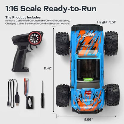 Vroomix 1:16 4WD RC Car, Blue Remote Control Light Hobby Racing Monster Truck Toy Gift for Kids, 3 Driving Modes, Up to 28 Mph, 35 Mins, 110 Ft Range, Toy Truck for Boys Age 8-12 & Adults - color: Blue