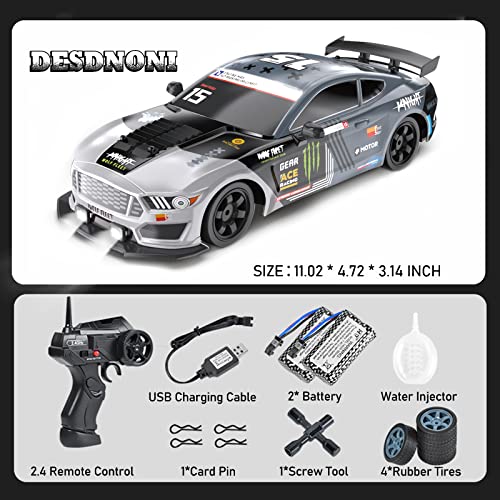 Remote Control Car RC Drift Car 1:16 Scale 4WD 18KM/H High Speed Model Vehicle 2.4GHz with LED Lights Spray Rubber Tire Racing Sport Toy for Adults Boys Girls Kids Gift 2Pcs Rechargeable Batteries - color: E-grey