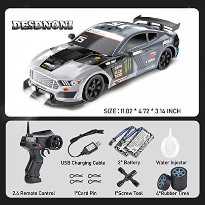 Remote Control Car RC Drift Car 1:16 Scale 4WD 18KM/H High Speed Model Vehicle 2.4GHz with LED Lights Spray Rubber Tire Racing Sport Toy for Adults Boys Girls Kids Gift 2Pcs Rechargeable Batteries - color: E-grey