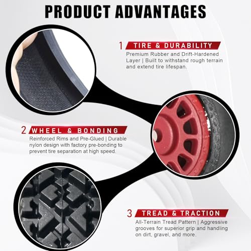 4PCS Pre-Glued 1/14 RC Tires and Wheels, 68×28mm All-Terrain Rubber Short Course Truck Tires with 12mm Hex Nylon Rims for ARRMA Mojave GROM, 1/14 1/18 RC Off-Road Trucks Red - color: Red