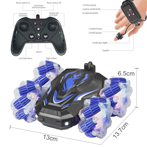 LOOZIX Gesture Sensing RC Stunt Car, Remote Control Car for Boys and Girls | 4WD Remote Control Car, with Lights Music, Bitthday Gifts,Toys For Boys and Girls 6 7 8 9 10 11 12 Years Old - color: Blue