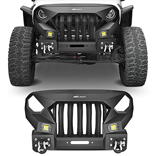 Nilight Front Bumper Grill for 2007-2015 2016 2017 2018 Wrangler JK&Unlimited 2/4 Doors with Winch Plate 2x42w LED Work Light Pods Textured Black Solid Steel Off-Road - color: Front Bumper Grill