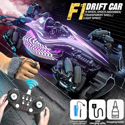 RC Stunt Car, Gesture Sensing Remote Control Car with Sound Lights and Spray, 2.4GHz 4WD 360° Rotating RC Cars with 3 Batteries for Teens (Purple) - color: Purple, size: 3 Batteries