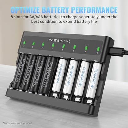 POWEROWL AA AAA Battery Charger 8 Bay, Independent Slot, USB Fast Charging for Ni-MH Ni-CD Rechargeable Batteries (Pack of 2) - size: Ultra-thin (Pack of 2)