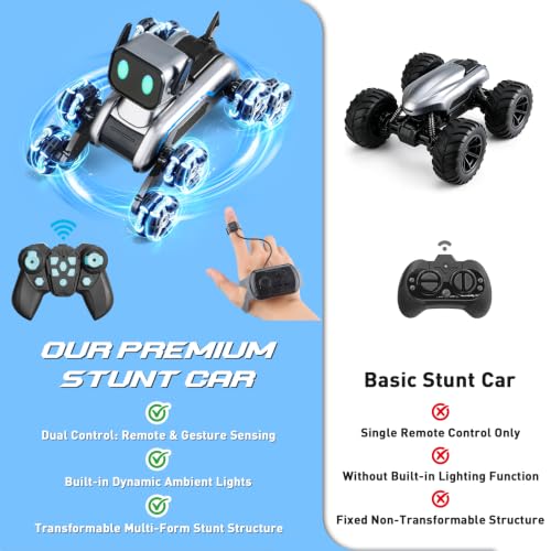 8WD RC Stunt Robot Dog, Gesture Sensing 2.4Ghz Remote Control Toy | 8 Wheeled RC stunt robot dog with gesture sensing & remote control, LED eyes and music, rechargeable toy for Kids 6-12