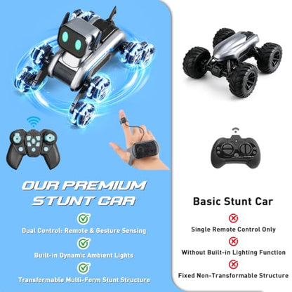 8WD RC Stunt Robot Dog, Gesture Sensing 2.4Ghz Remote Control Toy | 8 Wheeled RC stunt robot dog with gesture sensing & remote control, LED eyes and music, rechargeable toy for Kids 6-12