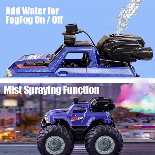 BEZGAR Remote Control Mosnter Truck, RC Cars with Mist Spray, Two Batteries | RC Truck with Music & LED Light, 360° Stunt Spins Monster Truck Toys for Boys 4-7, 40+ Mins Battery Life