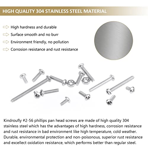 242 Pieces #2-56x 5/32", 3/16", 1/4", 5/16", 3/8", 1/2", 5/8", 3/4", 1", Phillips Pan Head Machine Screws Nuts Assortment Kit, 304 Stainless Steel, Fully Machine Thread - size: #2-56