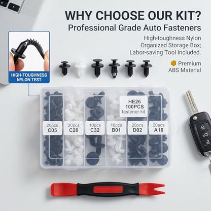 100 Pcs Car Bumper Clips Kit, Car Plastic Rivets Fasteners Push Retainer Kit with Sizes Auto Push Pin Rivets Set, Universal Expansion Screw Clips (Black)