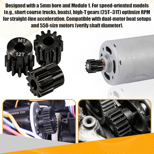 M1 Gear 12T 5mm Bore 3-Pack – High-Precision Hardened Steel Motor Pinion Gear for 1/8 1/10 RC Crawler, Monster Truck, Short Course Truck & Boat (Compatible with Traxxas Axial, FMS, HSP Redcat Losi) - style: M1 3Pcs 12T