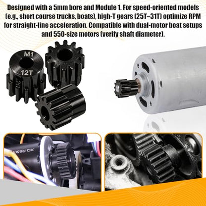 M1 Gear 12T 5mm Bore 3-Pack – High-Precision Hardened Steel Motor Pinion Gear for 1/8 1/10 RC Crawler, Monster Truck, Short Course Truck & Boat (Compatible with Traxxas Axial, FMS, HSP Redcat Losi) - style: M1 3Pcs 12T
