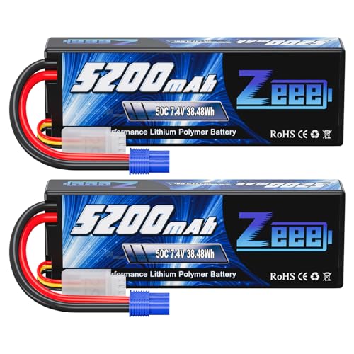 Zeee 2S 5200mAh Lipo Battery 7.4V 50C with EC3 Plug (2 Pack) | Hard Case Battery compatible with 1/8 1/10 RC Vehicles Car Slash RC Buggy Truggy Airplane UAV Drone